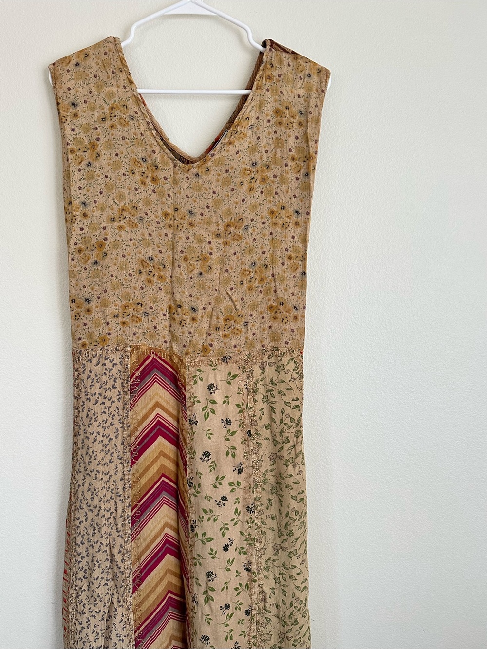 Vintage Y2K Boho Patchwork Embroidered Babydoll Maxi Dress Beige Pink Accent - Picture 2 of 5